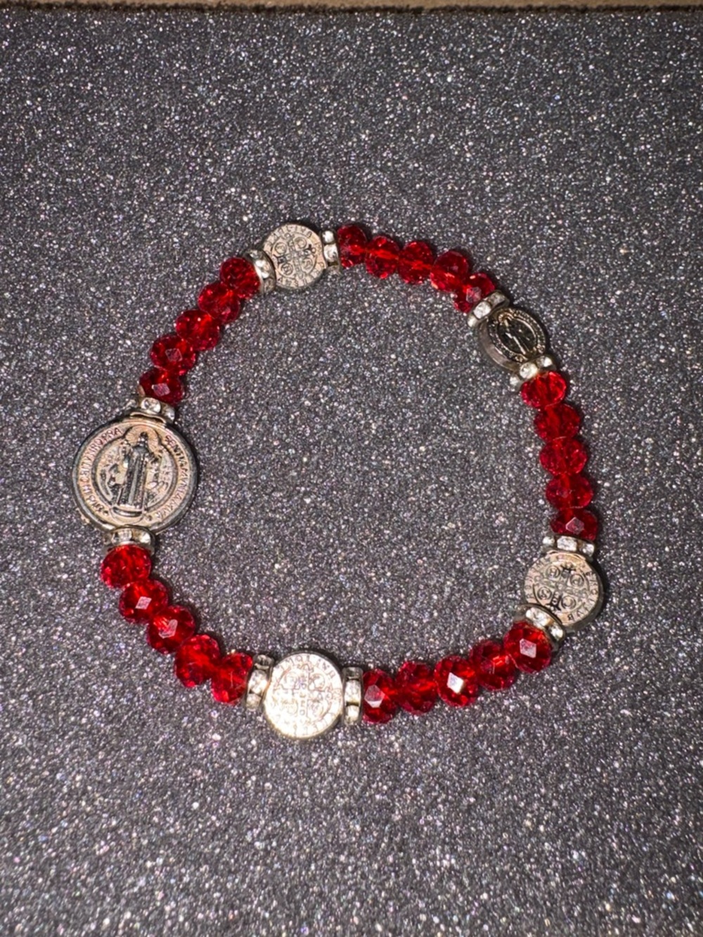 Red Crystal Saint Medal Stretch Bracelet